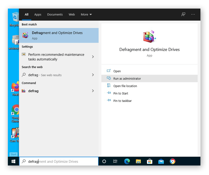 Finding the Defragment and Optimize Drives app in Windows 10